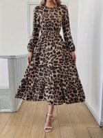 Uzun Kollu Bisiklet Yaka Leopar Desenli Midi Süprem Elbise - Görsel 3