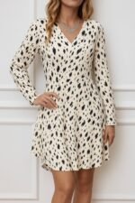 Kadın Uzun Kollu V Yakalı Desenli Kısa Keten Elbise - Görsel 2