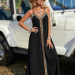 Kadın Askılı V Yakalı Etnik şerit Detaylı Uzun Viskon Elbise