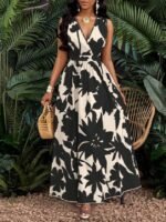 Kadın Askılı Kruvaze Yakalı çiçek Desenli Uzun Süprem Elbise - Görsel 3