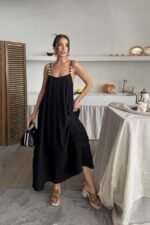 Siyah Askılı Müslin Elbise - Görsel 3