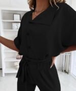 Kadın Kısa Kollu Yakalı önden Düğmeli Bürümcük Bluz Ve Pantolon Ikili Takım - Görsel 3