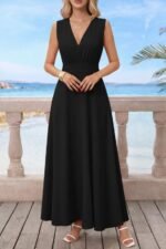 Kadın Askılı V Yakalı Bel Korsaj Detaylı Uzun Ithal Krep Elbise - Görsel 2