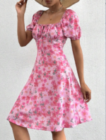 Kadın Kısa Kollu Mini çiçek Baskılı Bağcık Detay Süprem Midi Boy Elbise - Görsel 5