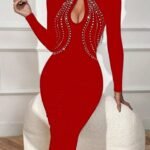 Kadın Uzun Kollu Balıkçı Yaka Taşlı Damla Detay Midi Ithal Krep Elbise