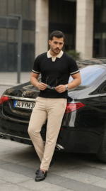 Erkek Renkli Yakalı File Desenli Kısa Kollu Tişört - Görsel 3