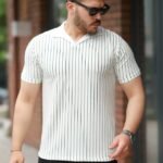 Erkek Yakalı çizgi Desenli Kısa Kollu Tişört