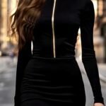 Kadın Uzun Kollu Balıkçı Yaka Yakadan Göğüse Kadar Fermuar Detaylı Mini Kadife Elbise