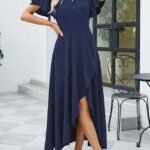 Kadın Kısa Kollu Kruvaze Yakalı ön Asimetrik Volanlı Uzun Ithal Krep Elbise