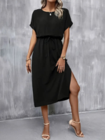 Kadın Kısa Kollu Yakası Açık Belden Bağlamalı Yırtmaçlı Viskon Elbise - Görsel 5