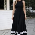 Kadın Askılı Yuvarlak Yakalı Etek Ucu şerit Detaylı Uzun Viskon Elbise