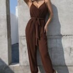 Kadın Ip Askılı Kruvaze Yakalı Belden Kuşaklı Uzun Sandy Tulum