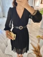 Kadın şifon Kumaş Astalı Kloş Kesim Kruvaze Yaka Midi Boy Elbise - Görsel 7