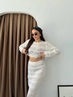 Kadın Uzun Kollu Kuş Gözü Transparan Detay Triko Bluz Ve Maxi Boy Etek Ikili Takım - Görsel 3