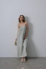 Askılı Çizgi Desen Elbise - Haki - Görsel 2