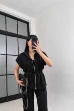 Kadın Yarasa Kol Fermuar Ve Lastikli Bağcık Detay Ceket Pantolon Ikili Takım - Görsel 4