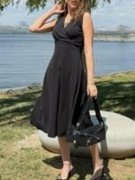 Kadın Ithal Krep Kumaş Kruvaze Yaka Eteği Kloş Kolsuz Mini Elbise - Görsel 5