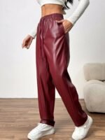 Kadın Yüksel Bel Bağcıklı Deri Pantolon - Görsel 4