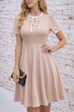 Kadın Kısa Kollu Yakadan Bağcıklı Ve Fırfırlı Midi Janjan Krep Elbise - Görsel 2