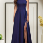 Kadın Halter Yaka Derin Yırtmaç Detaylı Tam Boy Janjan Krep Abiye Elbise