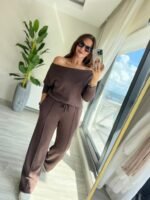 Kadın Uzun Kollu Tek Omuzdan Açık Modal Bluz Ve Pantolon Ikili Takım