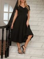 Kadın Kısa Kollu V Yakalı önden Pileli Midi Janjan Krep Elbise - Görsel 4