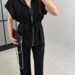 Kadın Yarasa Kol Fermuar Ve Lastikli Bağcık Detay Ceket Pantolon Ikili Takım