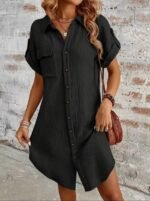 Kadın Kısa Kollu Yakalı önden Düğmeli Bürümcük Kısa Elbise - Görsel 3