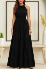 Kadın Kolsuz Halter Yaka Beli Lastiklidesenli Mikro Elbise - Görsel 8