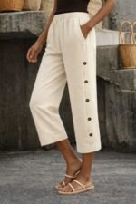 Kadın Yüksel Bel Lastikli Yandan Dügme Detaylı Midi Pantolon - Görsel 2