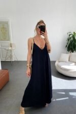 Kadın Ip Askılı V Yakalı Uzun Aerobin Elbise