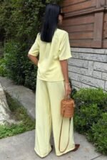 Hakim Yaka Çapraz Düğmeli Plazzo Pantolon Viscon Keten Takım 10209 - Görsel 4