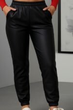 Kadın Paçası Lastikli Cep Detaylı Deri Tayt - Görsel 2