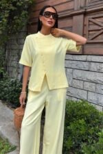 Hakim Yaka Çapraz Düğmeli Plazzo Pantolon Viscon Keten Takım 10209 - Görsel 7