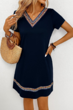 Kadın Kısa Kollu V Yakalı Etnik Desen şerit Detaylı Viskon Elbise - Görsel 4