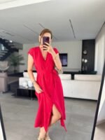 Kadınn V Yaka Düğme Detay Kuşak Dahil Elbise - Görsel 3