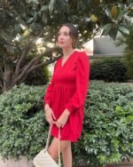 Kadın Uzun Kollu V Yaka Belden Hafif Pileli Scuba Krep Mini Boy Elbise - Görsel 3