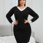 Kadın Uzun Kollu V Yakalı Kısa Triko Elbise