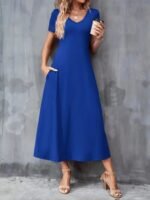 Kadın Kısa Kollu V Yakalı Cepli Viskon Elbise - Görsel 3