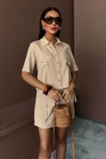 Gömlek Şort Etek Viscon Keten Takım 10162 - Görsel 6