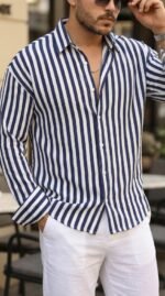 Erkek Dikey Çizgili Yarım Oversize Gömlek - Görsel 4