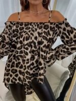 Kadın Ip Askılı Omuzlardan Açık Leopar Desenli Asimetrik Kesim Süprem Bluz - Görsel 2