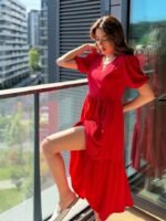 Kadın Kısa Kollu Yakası Açık Katlı Bürümcük Balon Elbise - Görsel 2