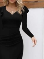 Kadın Uzun Kollu Kalp Yaka önden çapraz Detaylı Midi Ithal Krep Elbise - Görsel 2