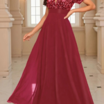 Kadın Kısa Kollu Derin V Yakalı A Kesim Pulpayet Detaylı şifon Nedime Elbisesi