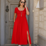 Kadın Kısa Kollu Yuvarlak Yaka önden Yırtmaçlı Cepli Viskon Uzun Elbise