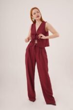 Ön Bağlama Detaylı Yelek Ve Pantolon Bordo İkili Takım - Görsel 4