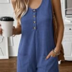 Kadın Omuz Askılı önden Düğmeli Waffle Kısa Tulum