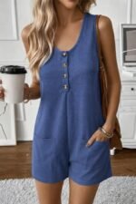 Kadın Omuz Askılı önden Düğmeli Waffle Kısa Tulum