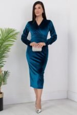 Kadın Kadife Kumaş Manşetli V Yaka Şık Kalem Elbise - Görsel 4